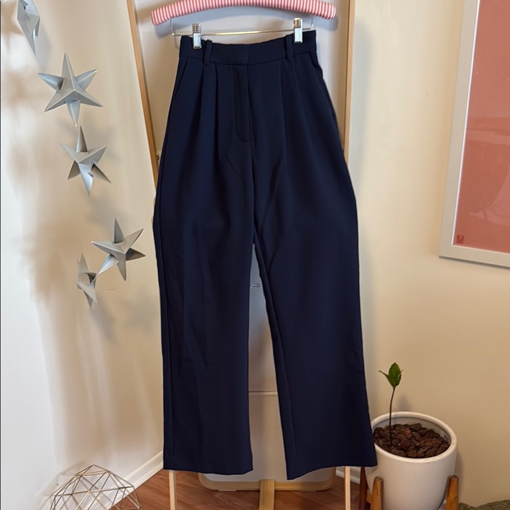 Navy High-Waisted Wide Leg Trousers